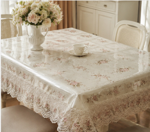 Floral Classic PVC Cotton Blend Tablecloth with Lace Edging