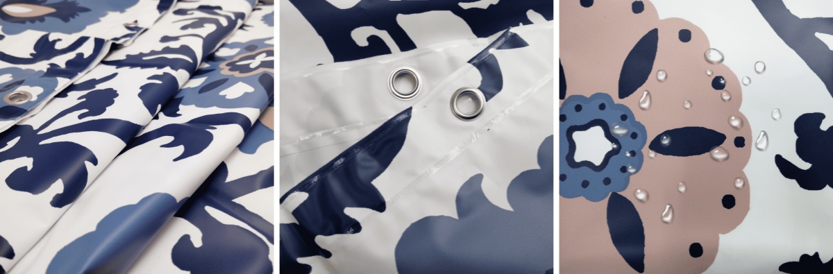 Cortina de banho boémia Cortina de casa de banho com medalhão floral branco e azul boémio.png