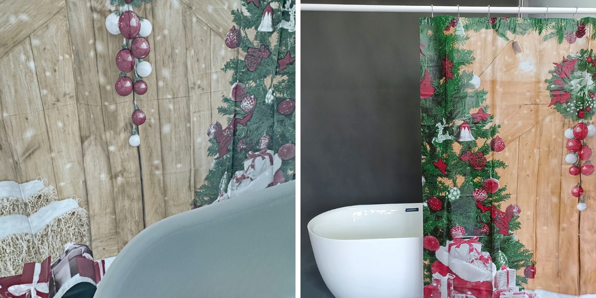 Rideau de douche vintage en PEVA avec sapin de Noël